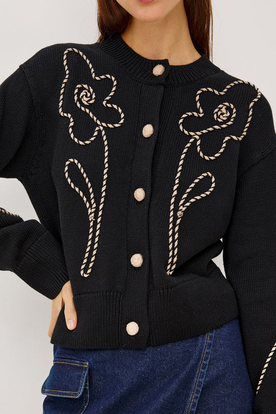 Rails Black Western Floral Round Neck Cotton Cardigan