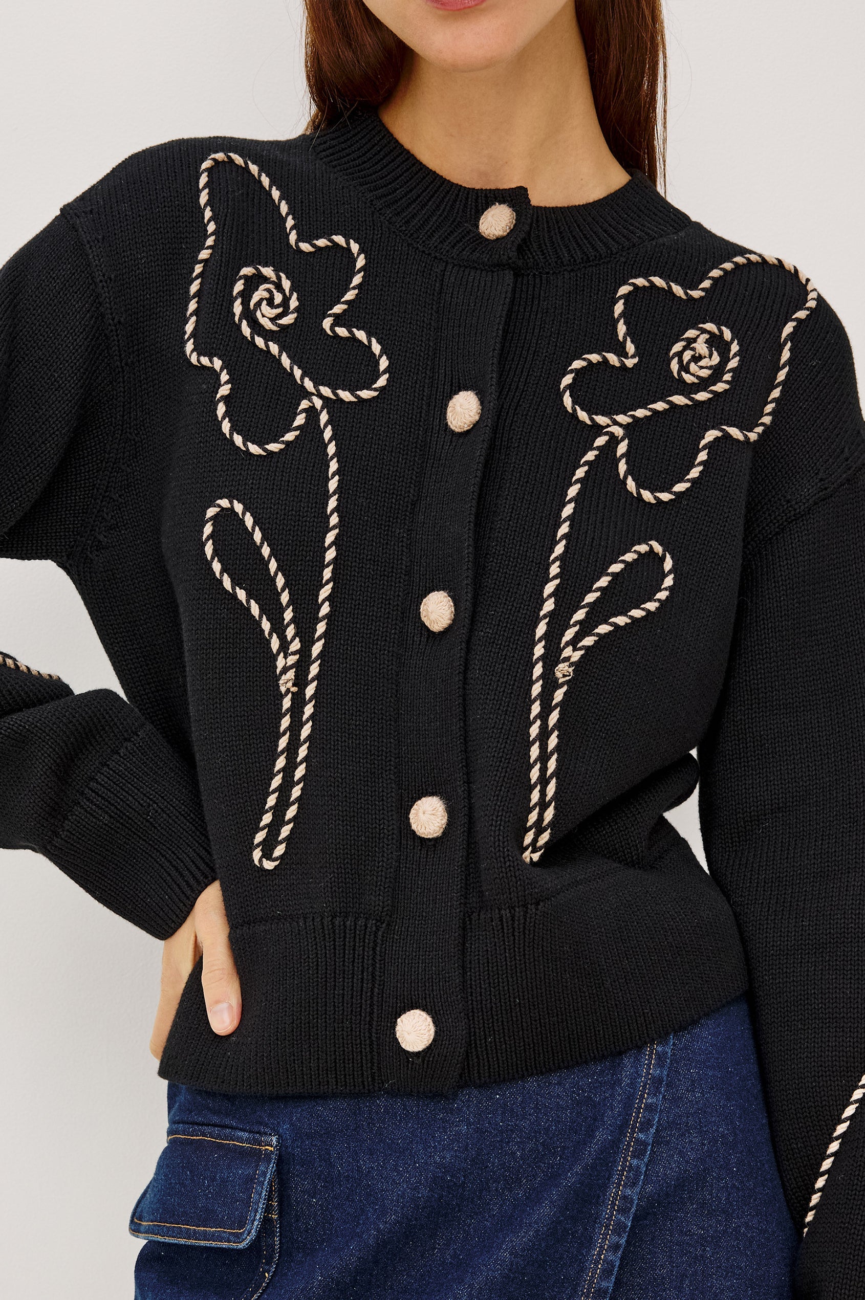 Rails Black Western Floral Round Neck Cotton Cardigan