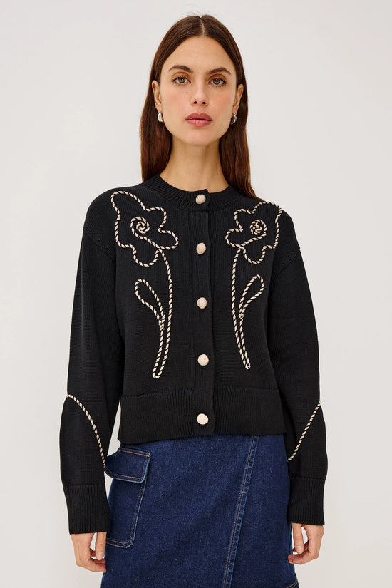 Rails Black Western Floral Round Neck Cotton Cardigan