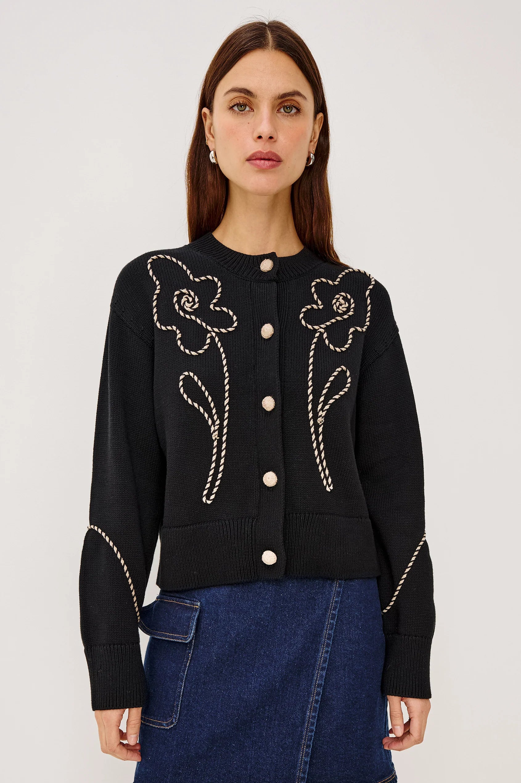 Rails Black Western Floral Round Neck Cotton Cardigan