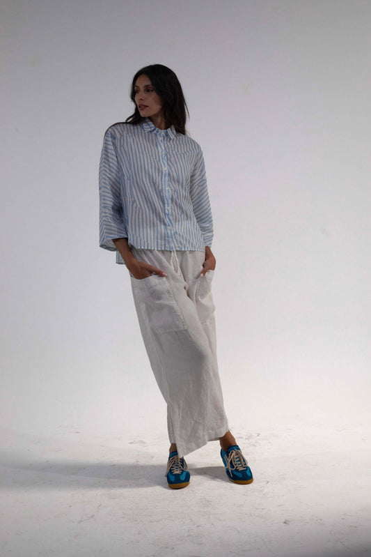 Elemente Clemente Tege Blue Wavy Stripe Cotton 3/4 Sleeve Shirt with Classic Collar 1341174