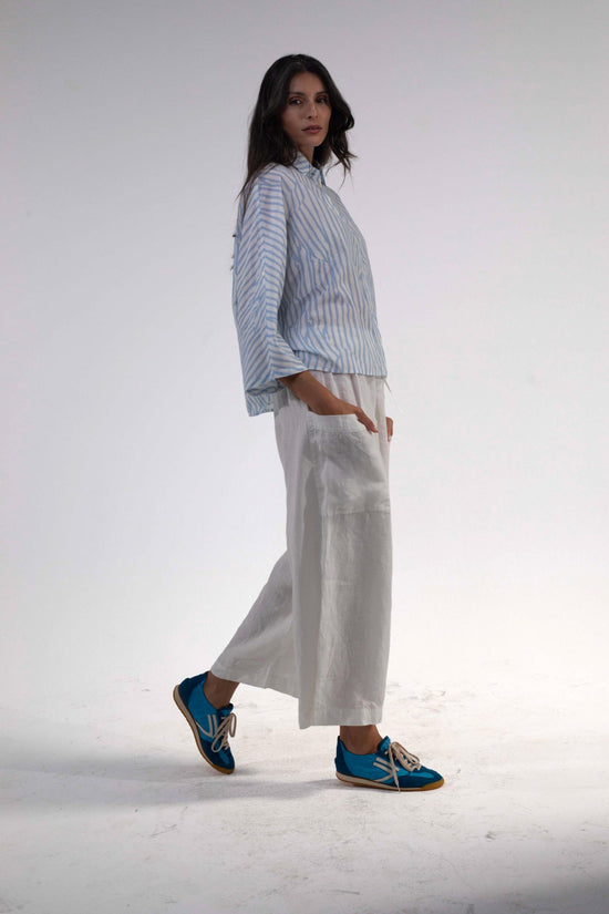 Elemente Clemente Tege Blue Wavy Stripe Cotton 3/4 Sleeve Shirt with Classic Collar 