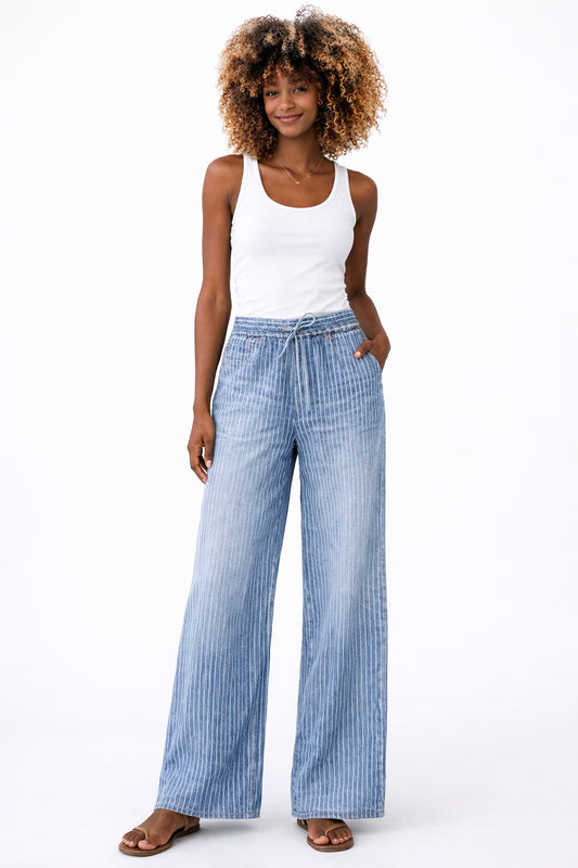 Elemente Clemente Rundu Blue & White Stripe Linen Straight Leg Trousers – 2101170