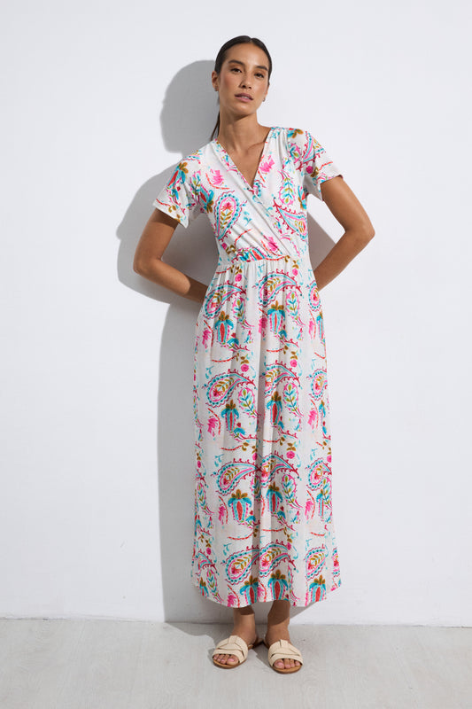 Tinta & Bariloche Turquoise Print V-Neck Short Sleeve Maxi Dress SADE