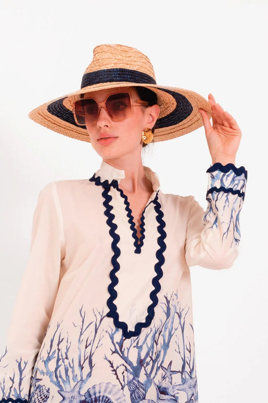Lavi Couture Decorative Blue Stripe Wide-Brim Straw & Raffia Hat