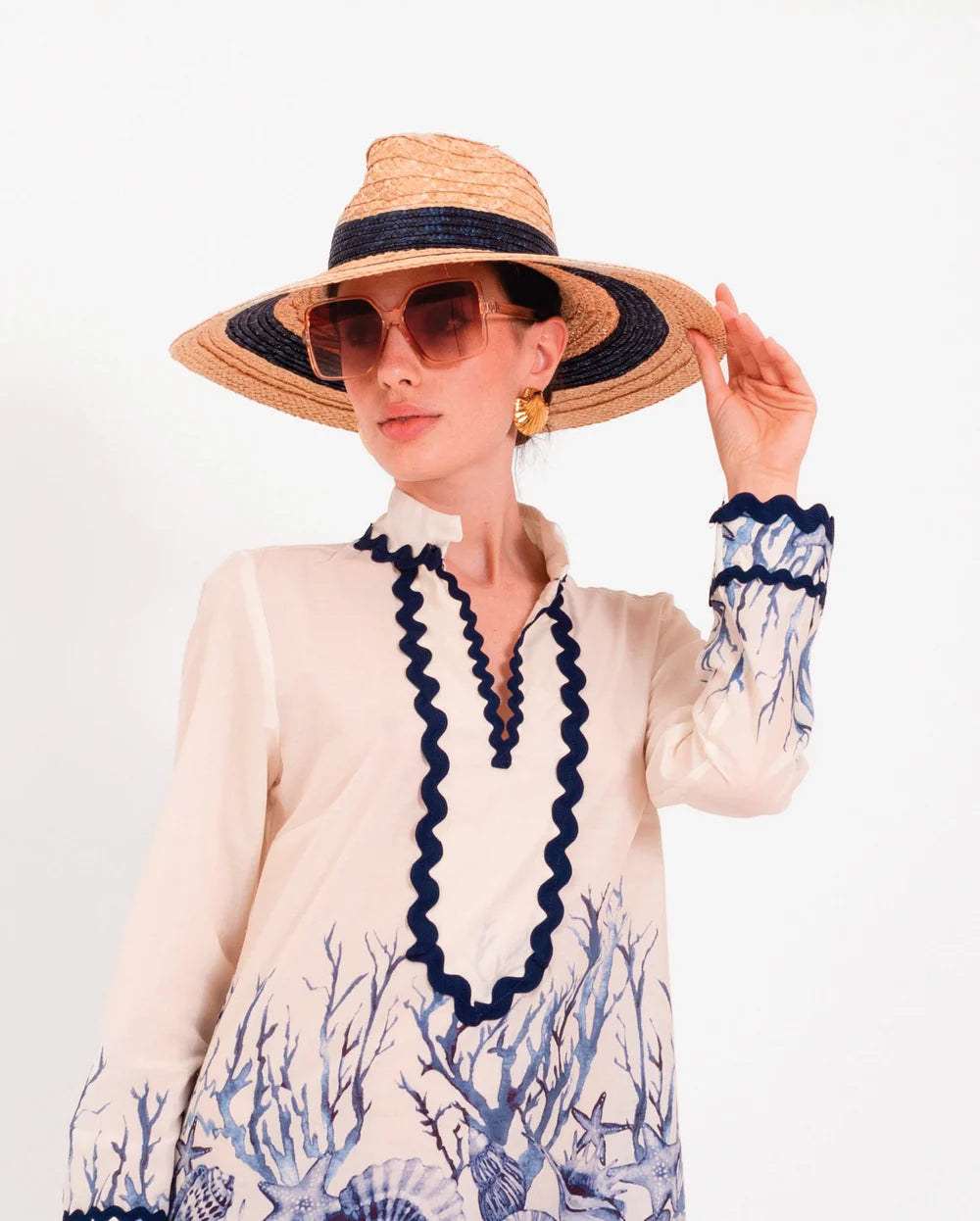 Lavi Couture Decorative Blue Stripe Wide-Brim Straw & Raffia Hat