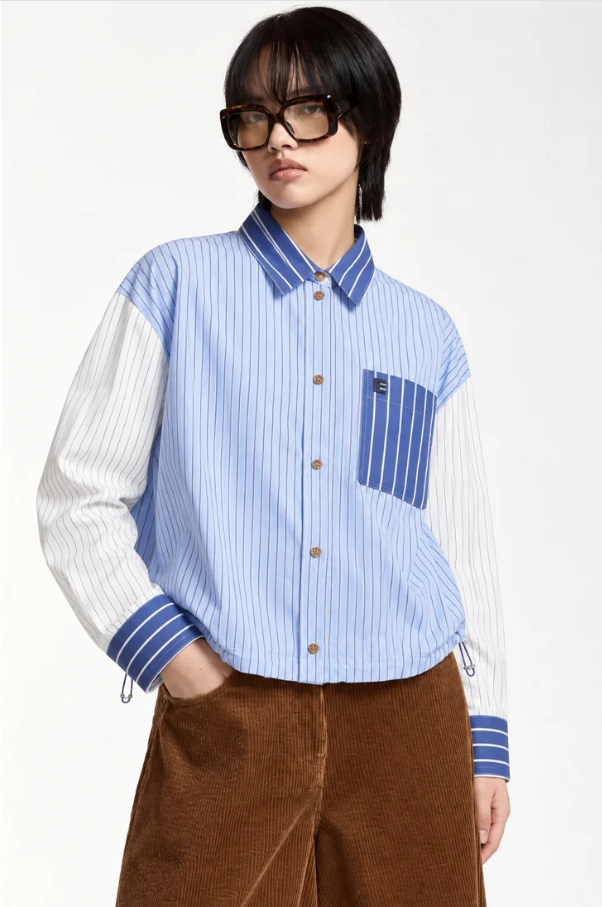 Essentiel Antwerp Light Blue Patchwork Striped Cropped Shirt