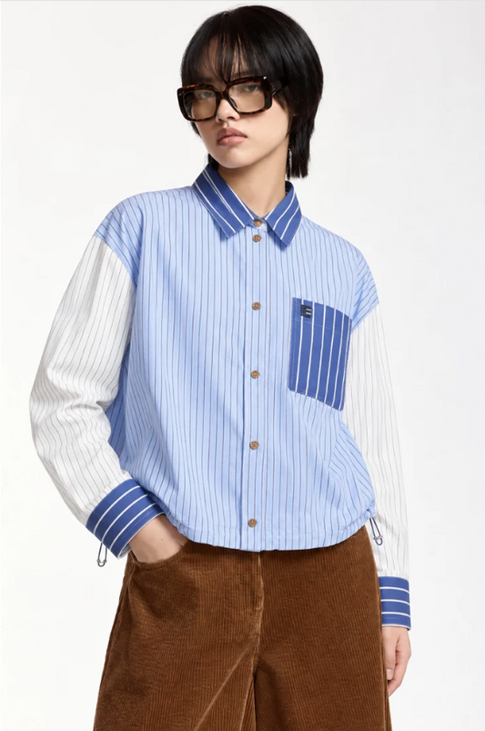 Essentiel Antwerp Light Blue Patchwork Striped Cropped Shirt