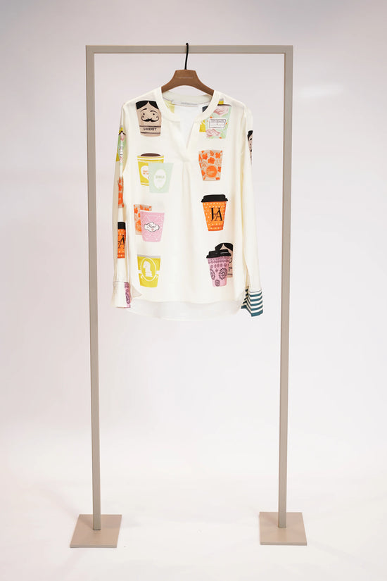 Herzens Cream Silk Blouse, Coffee Cup Print