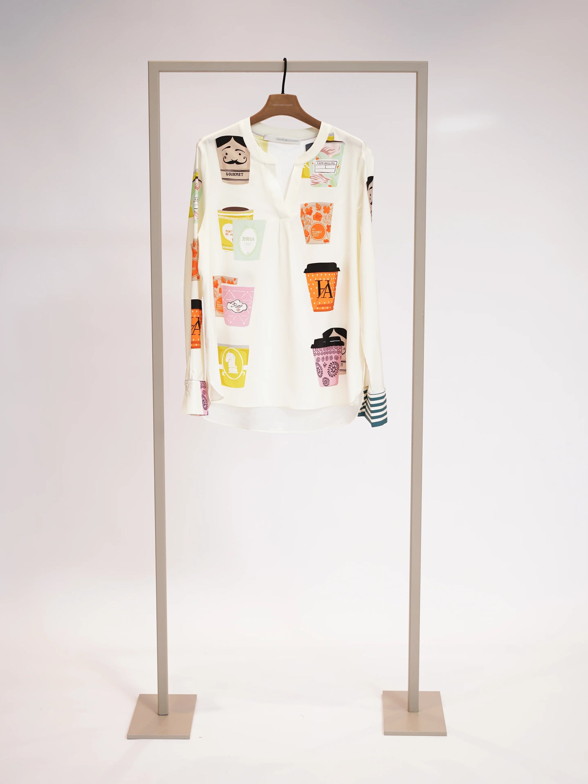 Herzens Cream Silk Blouse, Coffee Cup Print