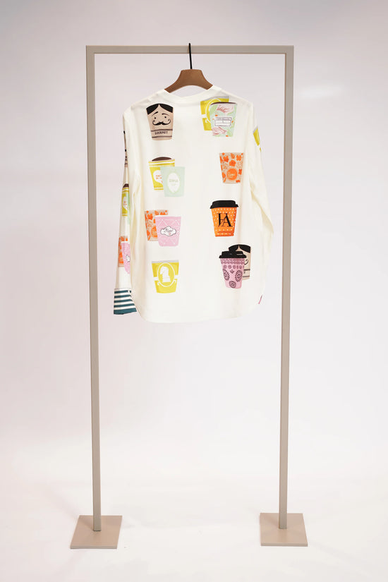 Herzens Cream Silk Blouse, Coffee Cup Print