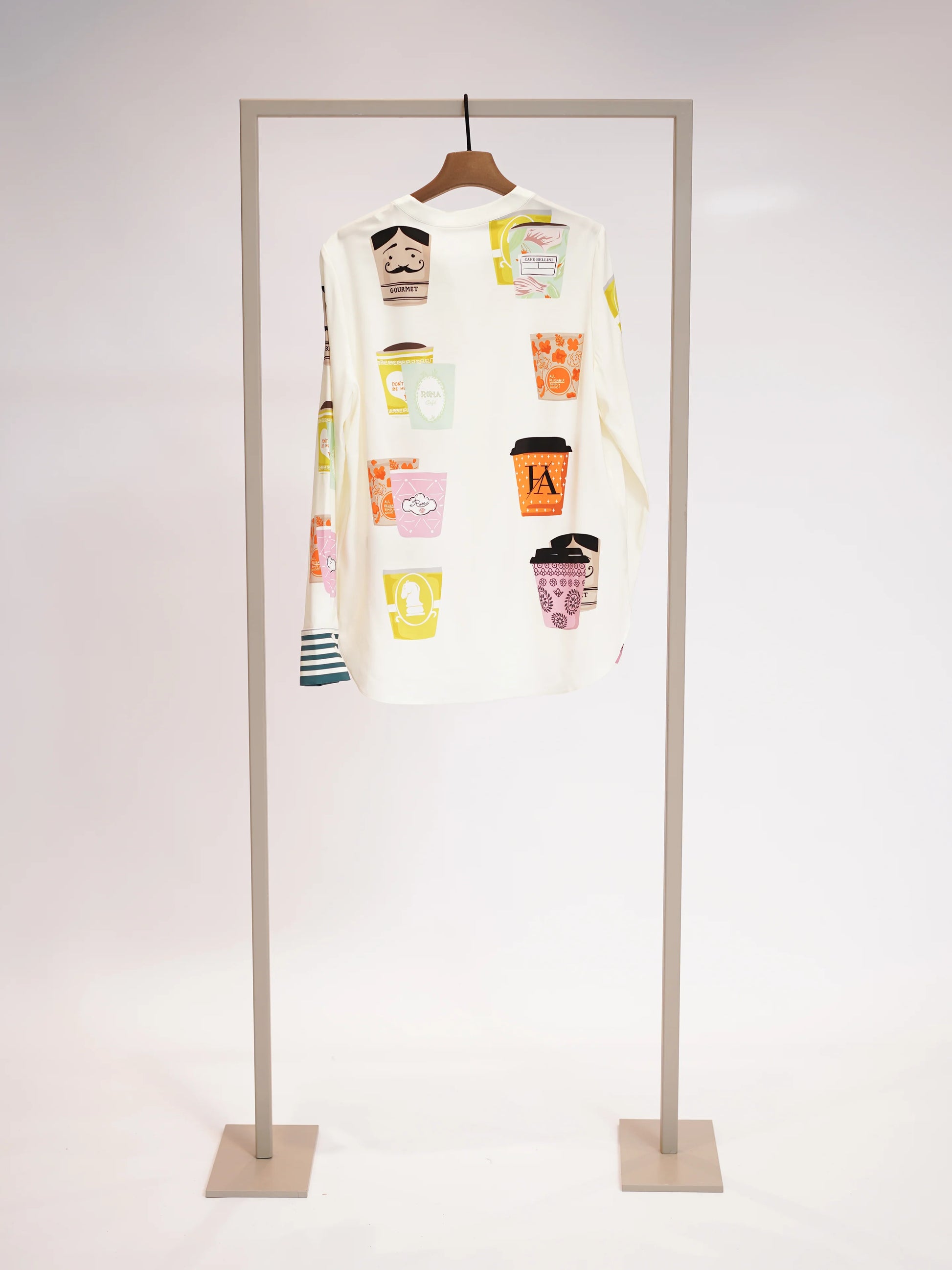 Herzens Cream Silk Blouse, Coffee Cup Print