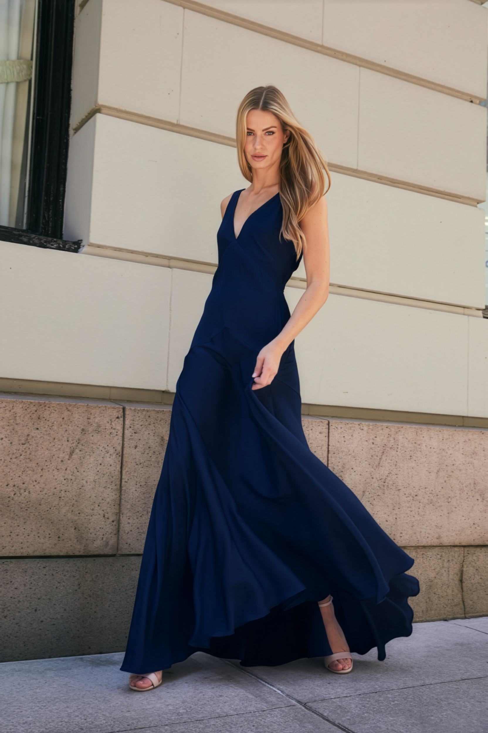 Nouvelle Silk 95 Navy Mar a Lago Sleeveless Long Silk Evening Dress 25200