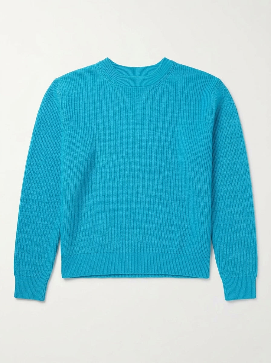 Solocascmir Turquoise Fine Ribbed Cashmere Crew Neck Sweater