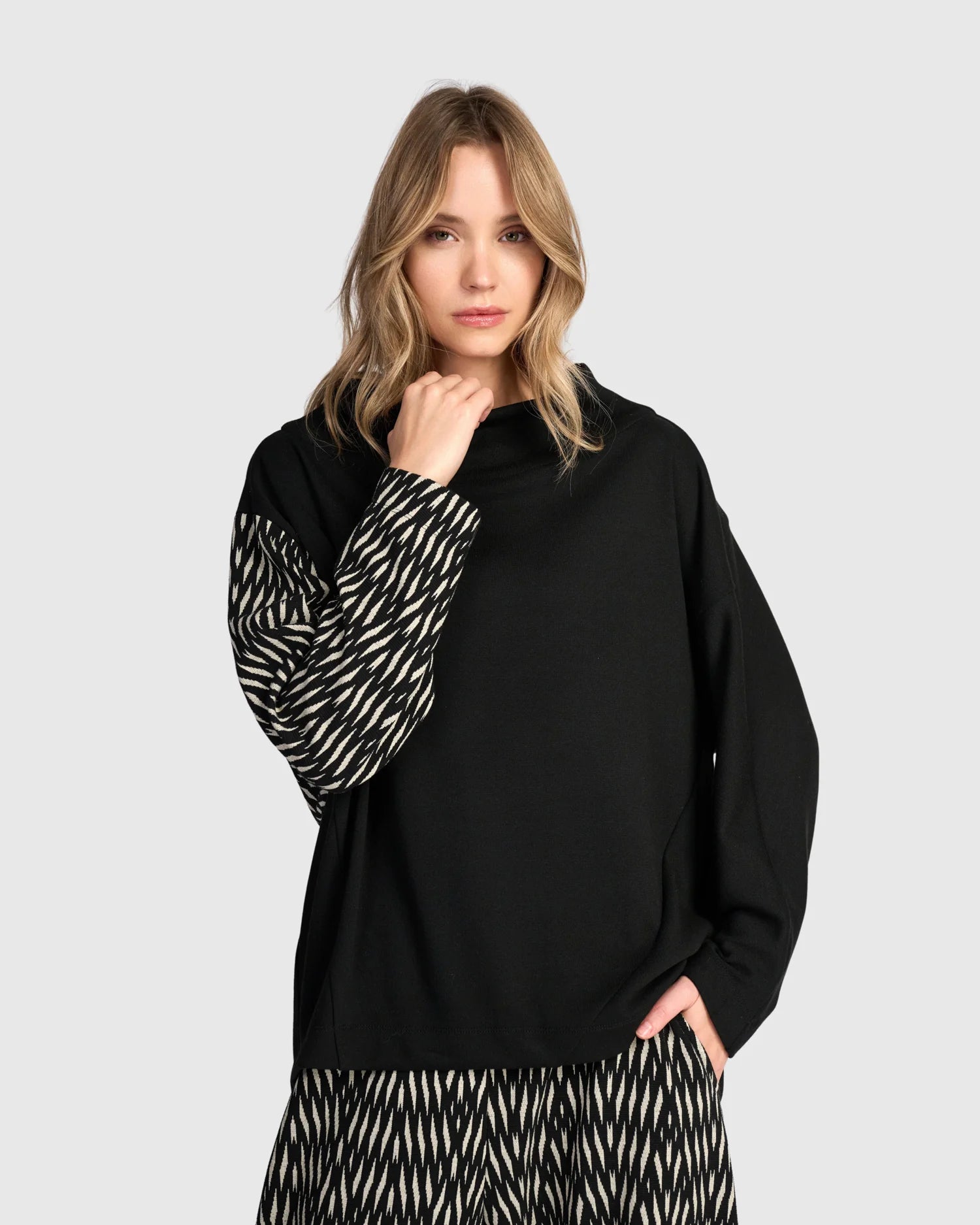 Alembika Black/Zebra Cadence Funnel Pullover Top