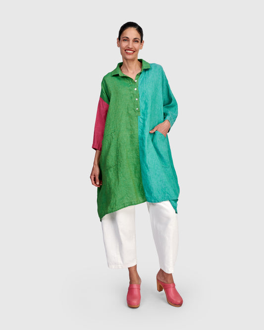 Alembika Multi‑Coloured Block Oversized Linen Tunic with Shirt Collar and 3/4 Sleeves RT356T