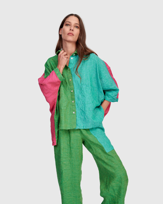 Alembika Colour‑Block Relaxed Fit Linen Shirt with Classic Collar, Short Sleeves, Button Front and Longer Back RT357T