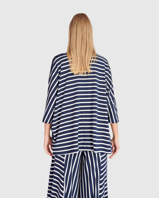 Alembika Navy/Green Mixed Stripe & Dot Print Loose Fit V‑Neck Top with 3/4 Sleeves ST827M