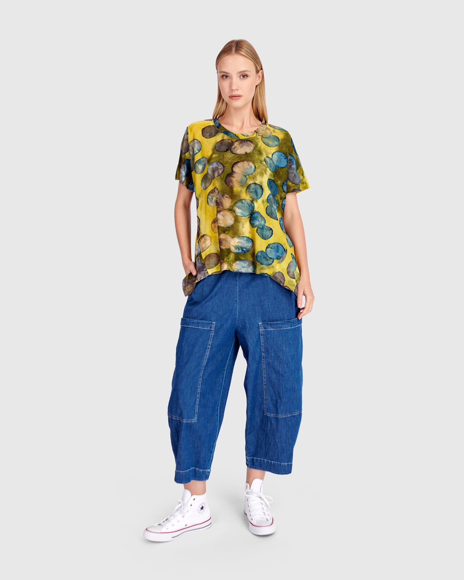 Alembika Green Print Loose Fit Top with Circle Detail, Round Neck and Short Sleeves ST8340