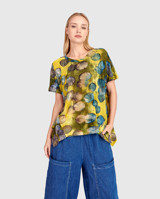 Alembika Green Print Loose Fit Top with Circle Detail, Round Neck and Short Sleeves ST8340