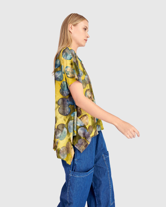 Alembika Green Print Loose Fit Top with Circle Detail, Round Neck and Short Sleeves ST8340