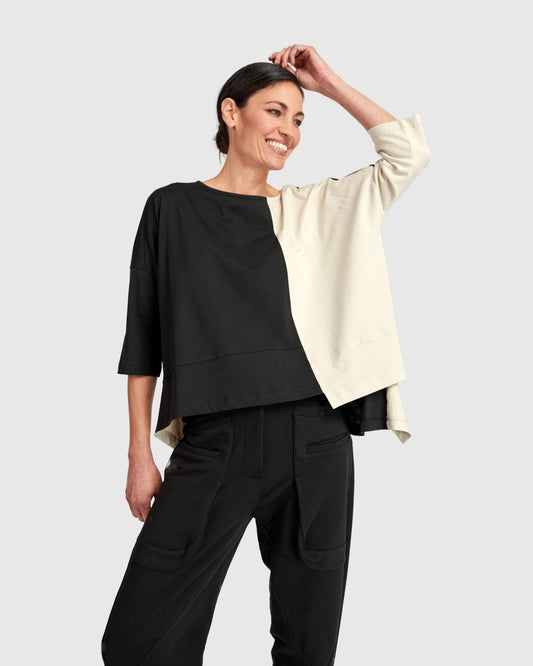 Black & Beige Colour‑Block Boat‑Neck Top with 3/4 Sleeves and Longer Back UT106M