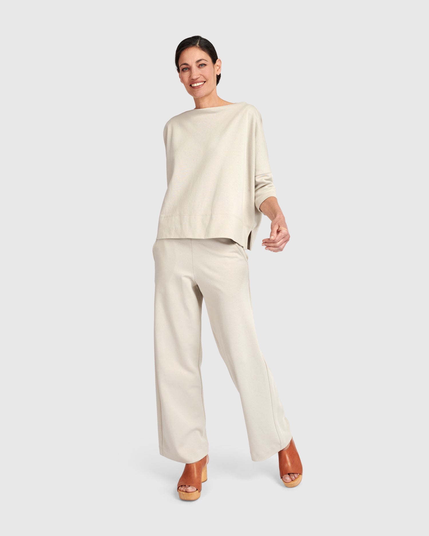 Alembika Cream Wide‑Leg Relaxed Jersey Trousers with Elasticated