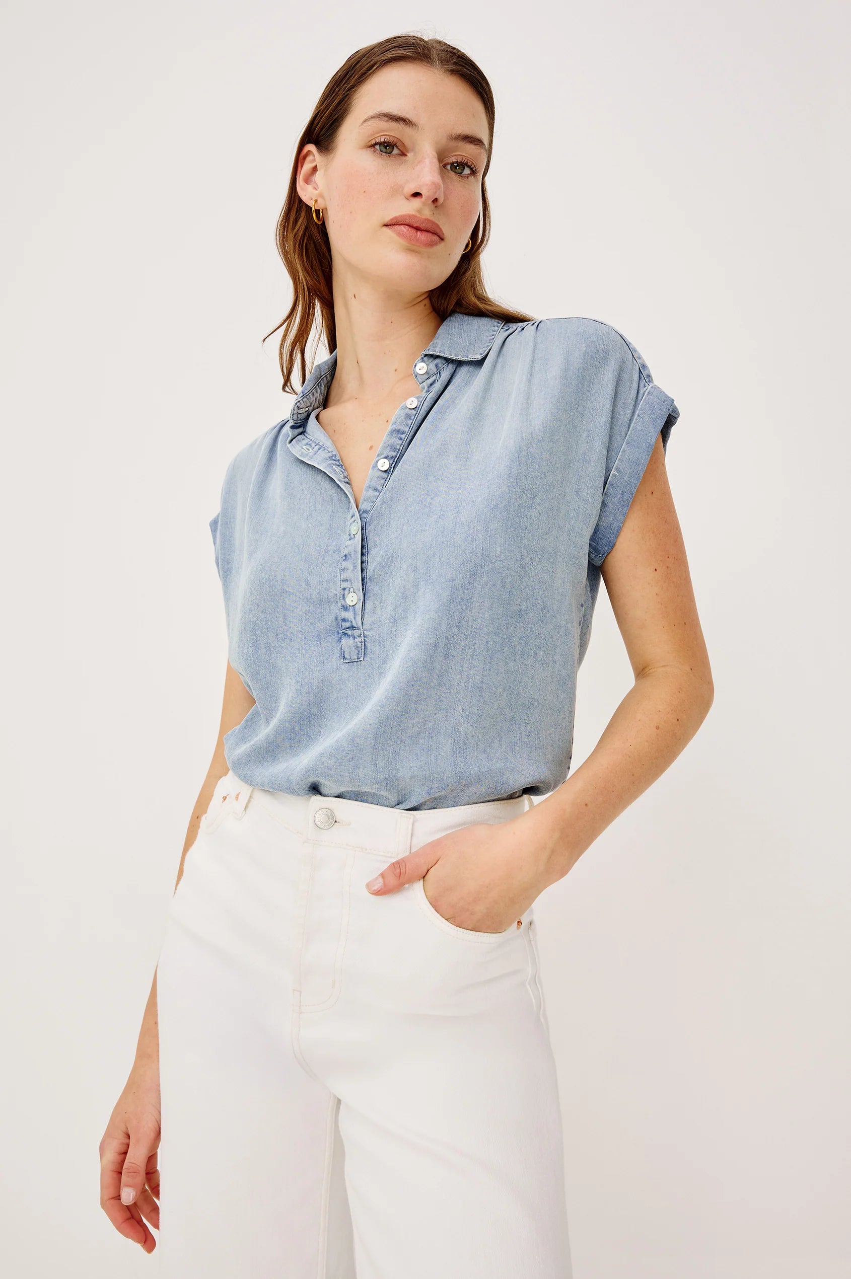 Rails Blue Linen Blend Cuffed Cap Sleeve Shirt