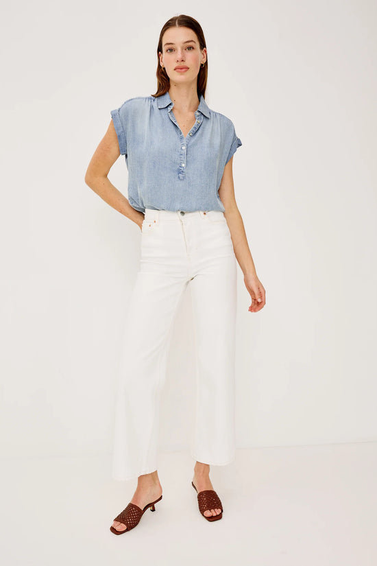 Rails Blue Linen Blend Cuffed Cap Sleeve Shirt