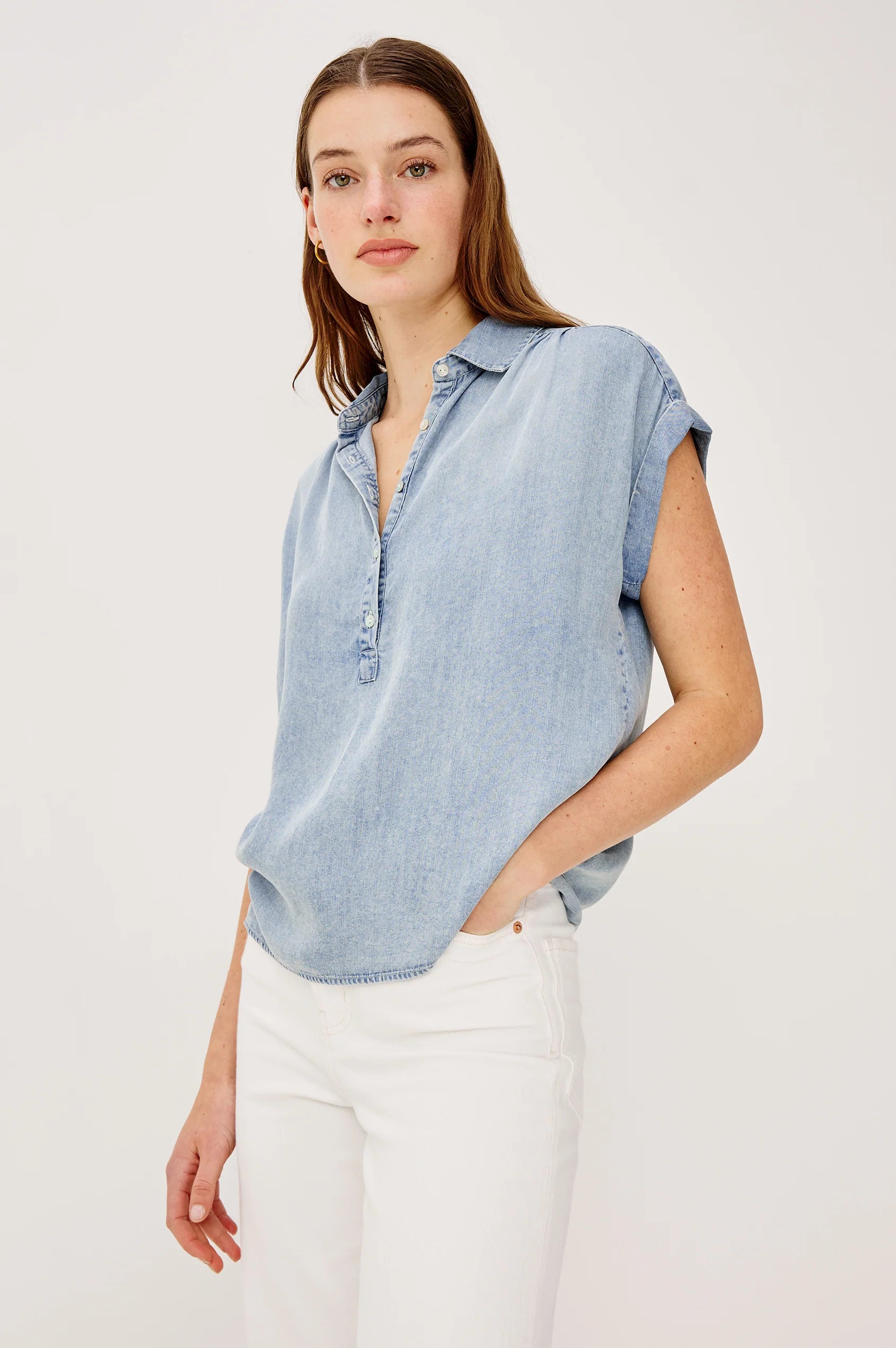 Rails Blue Linen Blend Cuffed Cap Sleeve Shirt