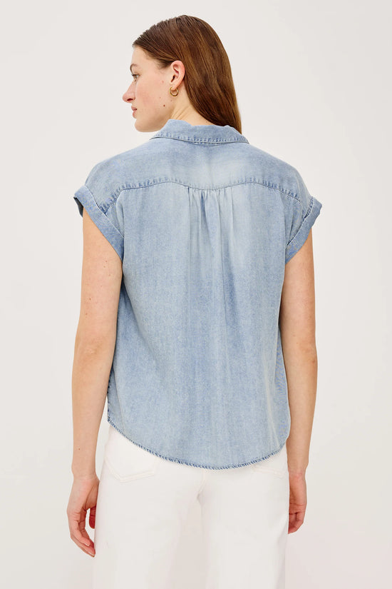 Rails Blue Linen Blend Cuffed Cap Sleeve Shirt