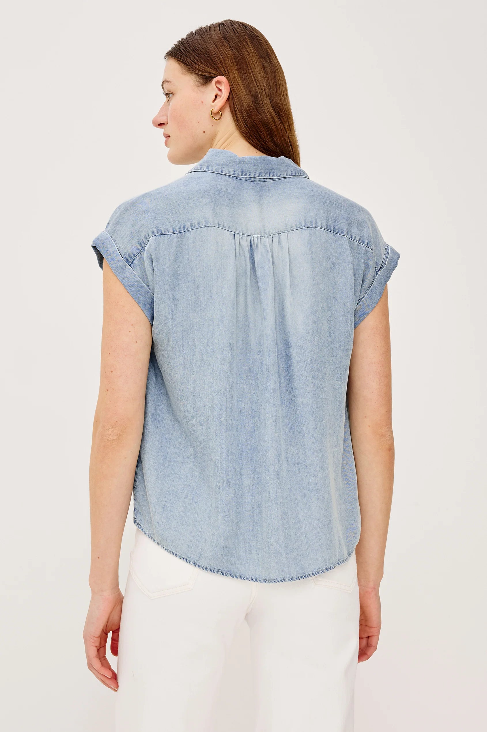 Rails Blue Linen Blend Cuffed Cap Sleeve Shirt