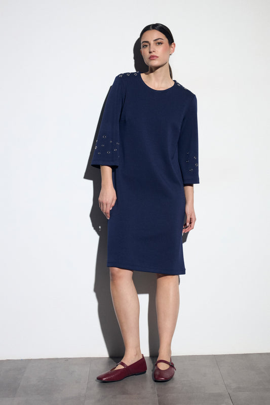 Tinta & Bariloche Navy Midi Dress 3/4 Sleeve Stretch Dress with Metal Eyelet Detail