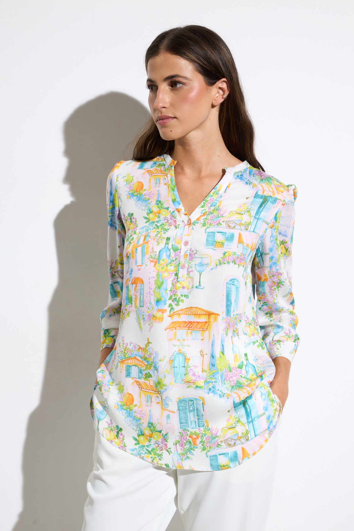 Tinta & Bariloche Aqua Window Print Tunic with Open V-Neck and 3/4 Wide Sleeves UGA
