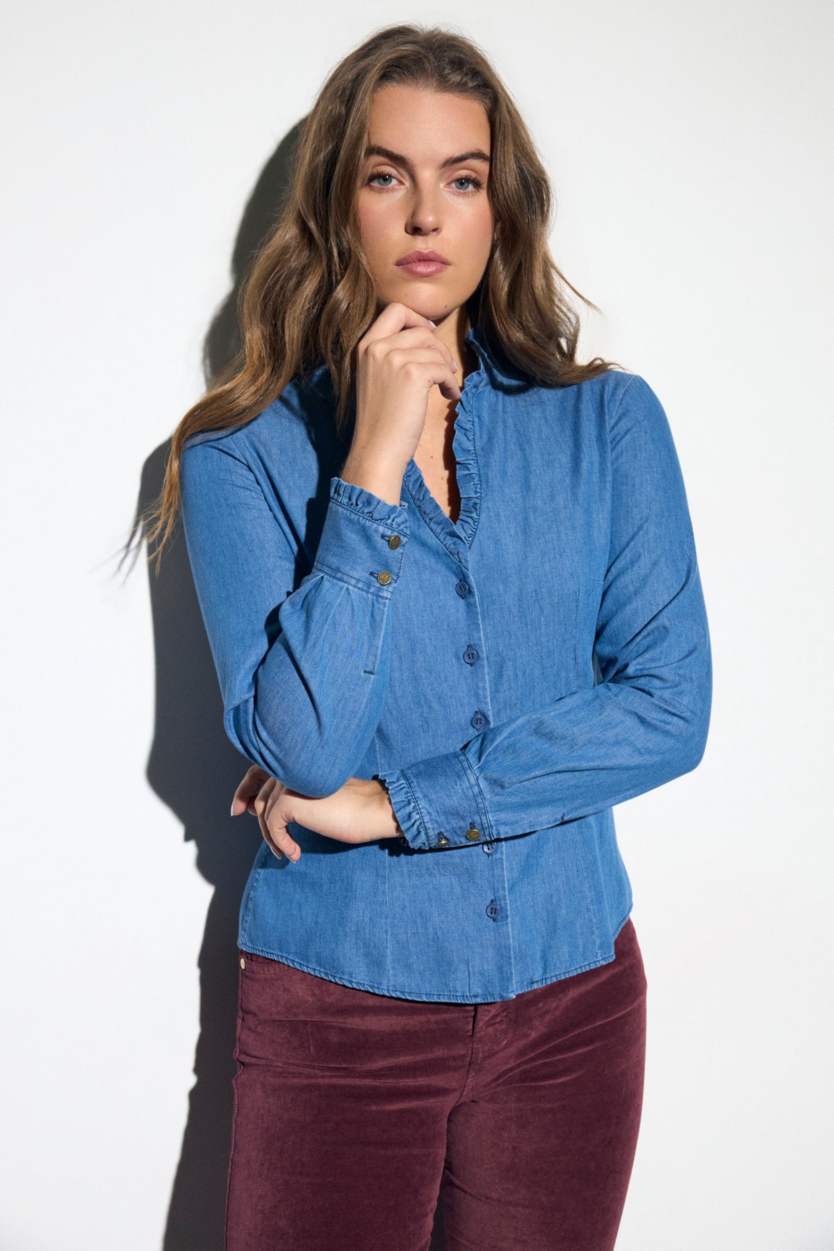 Tinta & Bariloche Denim Blue Cotton Shirt Frill V-Neck 