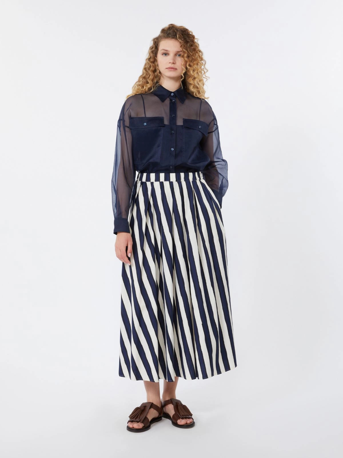Max Mara Weekend Navy Printed Poplin Pleated Skirt WKDUOMO