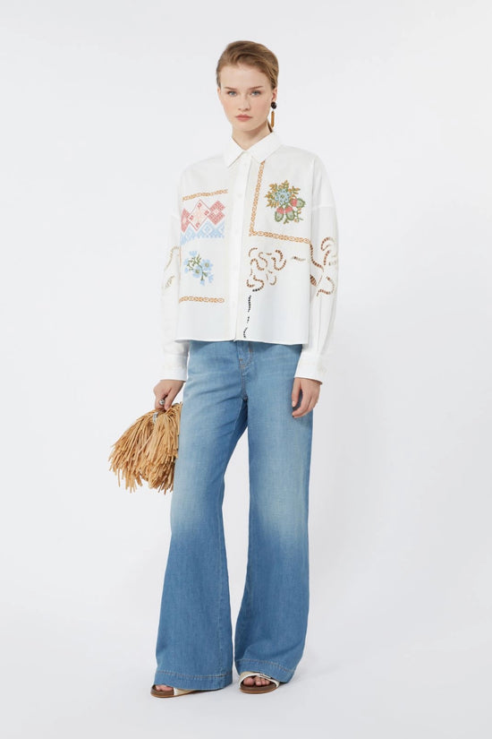 Max Mara Weekend White Cotton Blouse with Lace and Embroideries