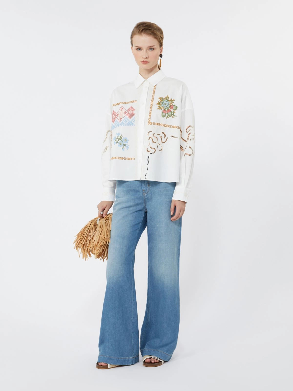 Max Mara Weekend White Cotton Blouse with Lace and Embroideries
