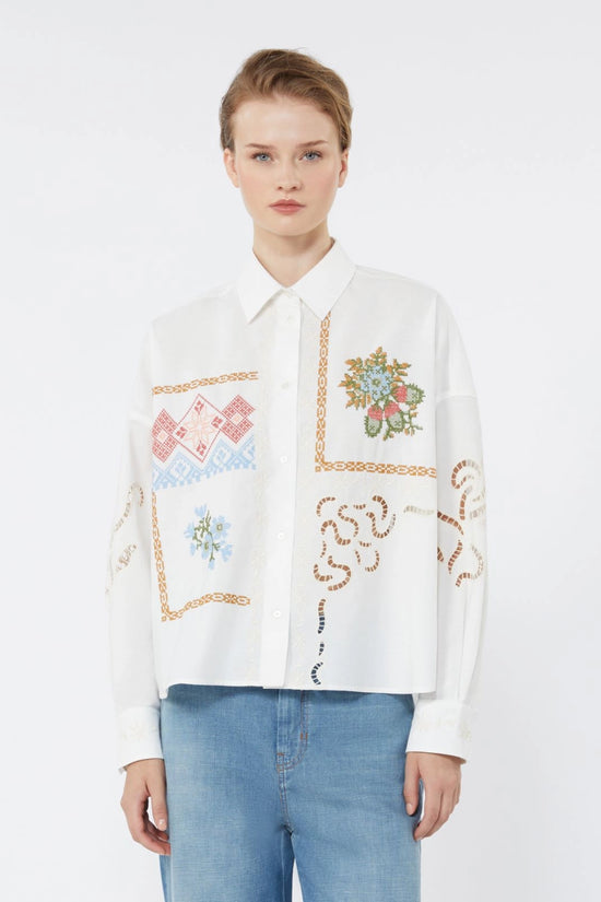 Max Mara Weekend White Cotton Blouse with Lace and Embroideries