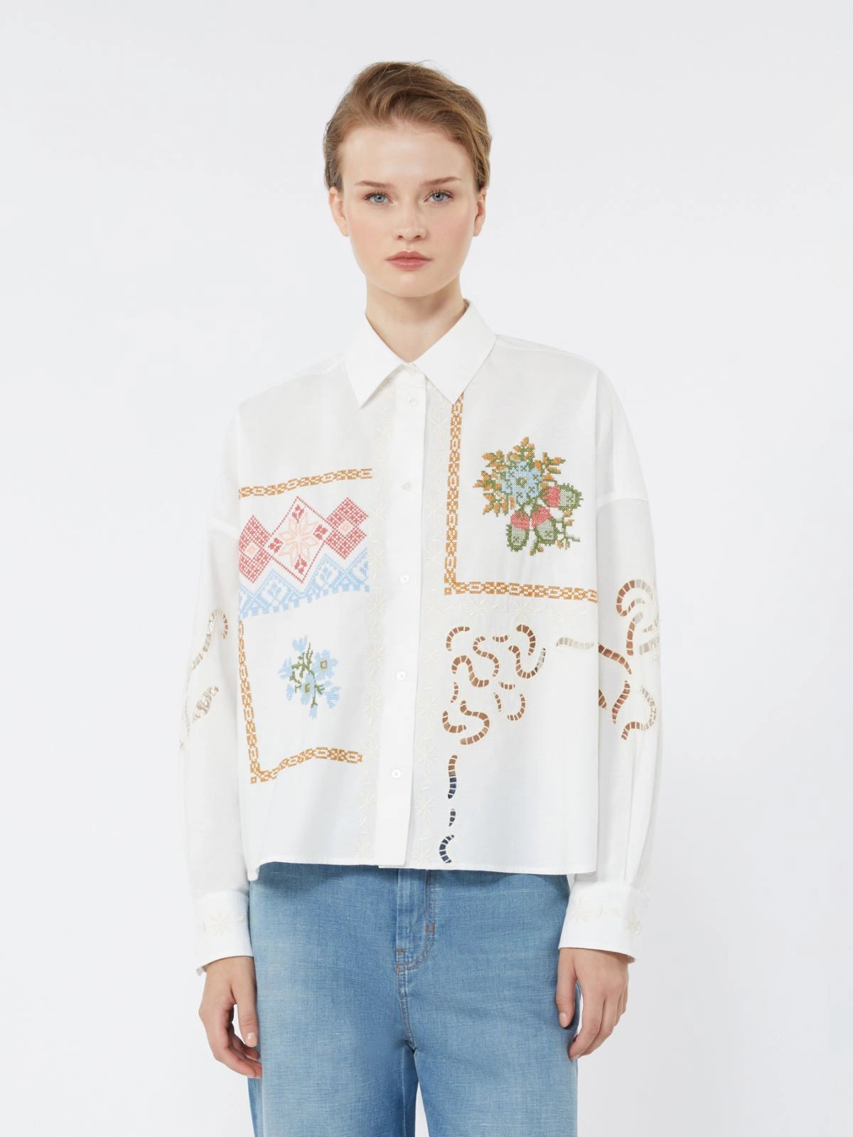 Max Mara Weekend White Cotton Blouse with Lace and Embroideries