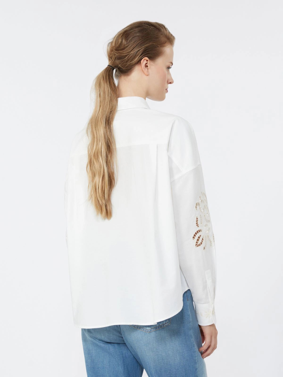Max Mara Weekend White Cotton Blouse with Lace and Embroideries