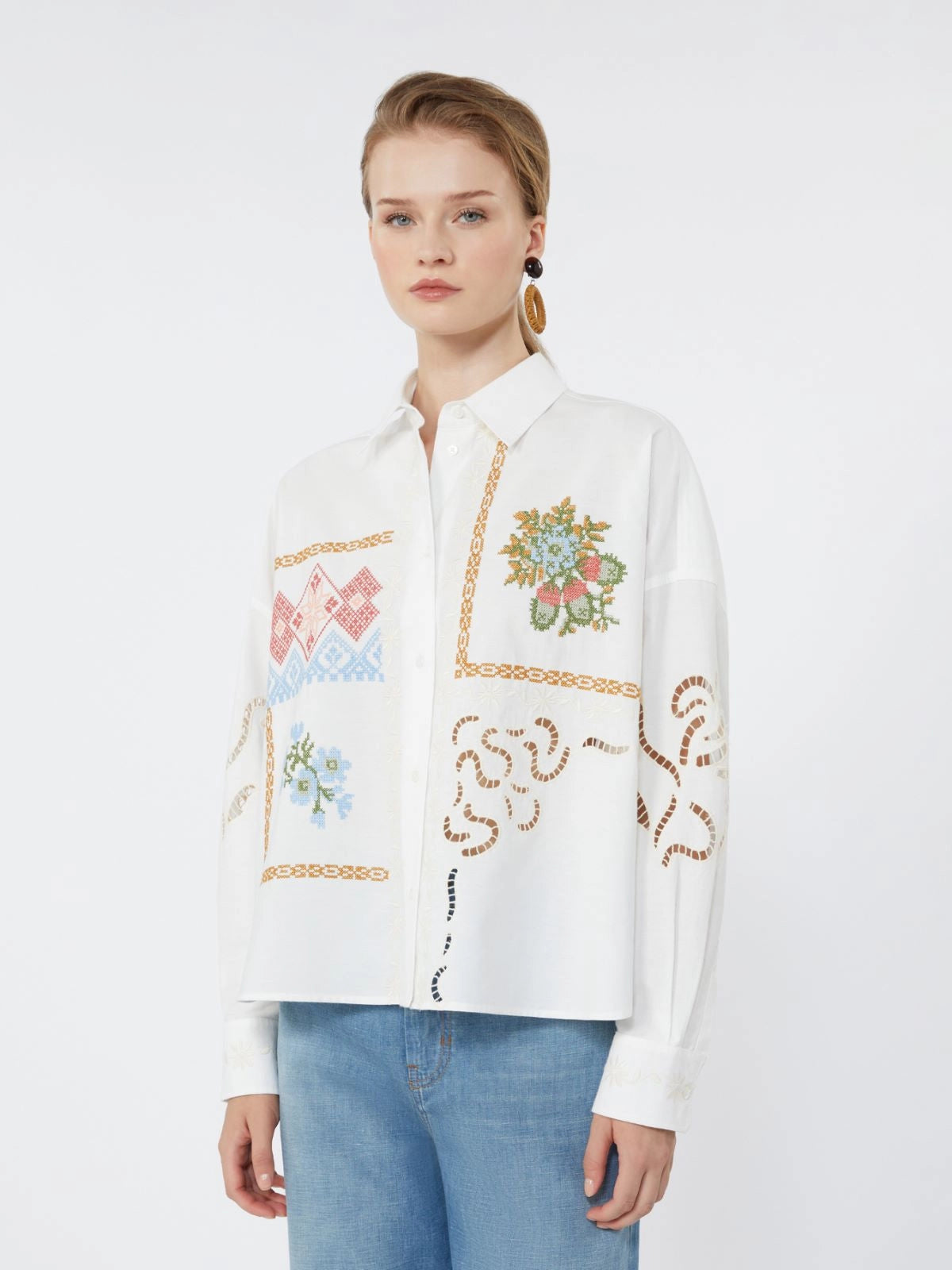 Max Mara Weekend White Cotton Blouse with Lace and Embroideries