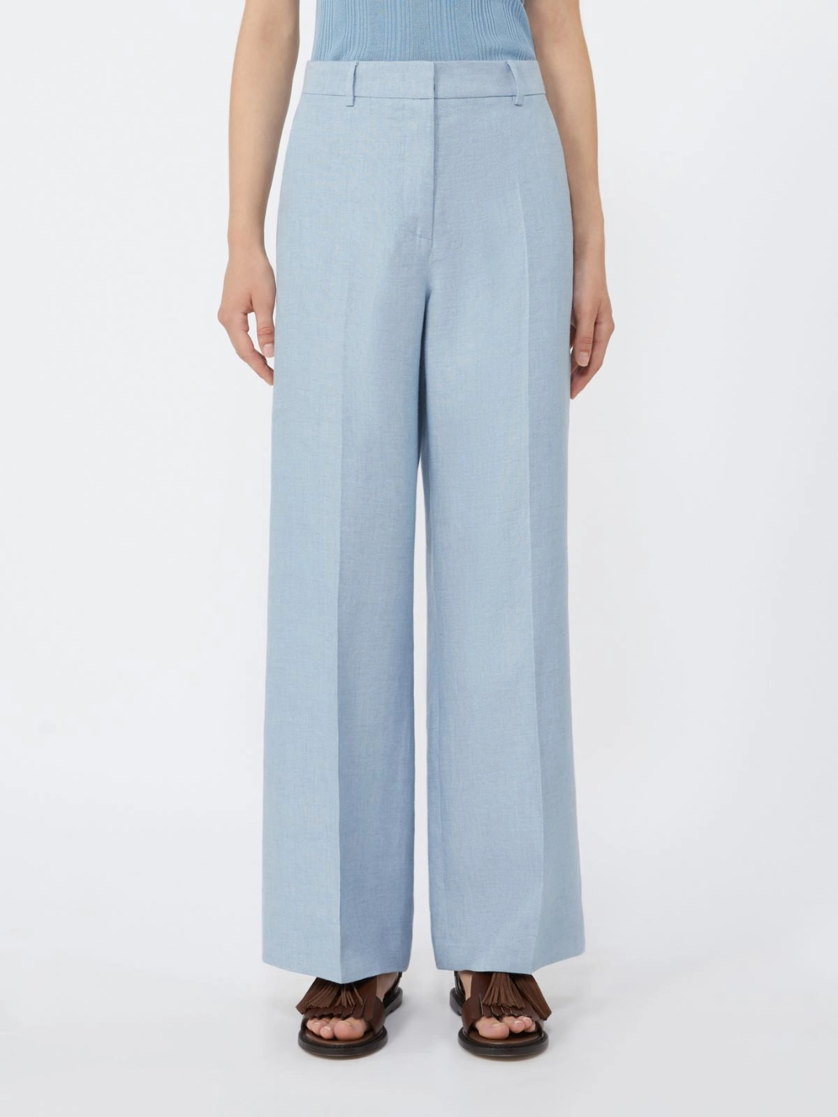 Max Mara Weekend Light Blue Wide Leg Linen Canvas Trousers