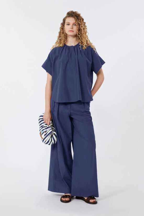 Max Mara Weekend Navy Wide-Leg Cotton Poplin Trousers