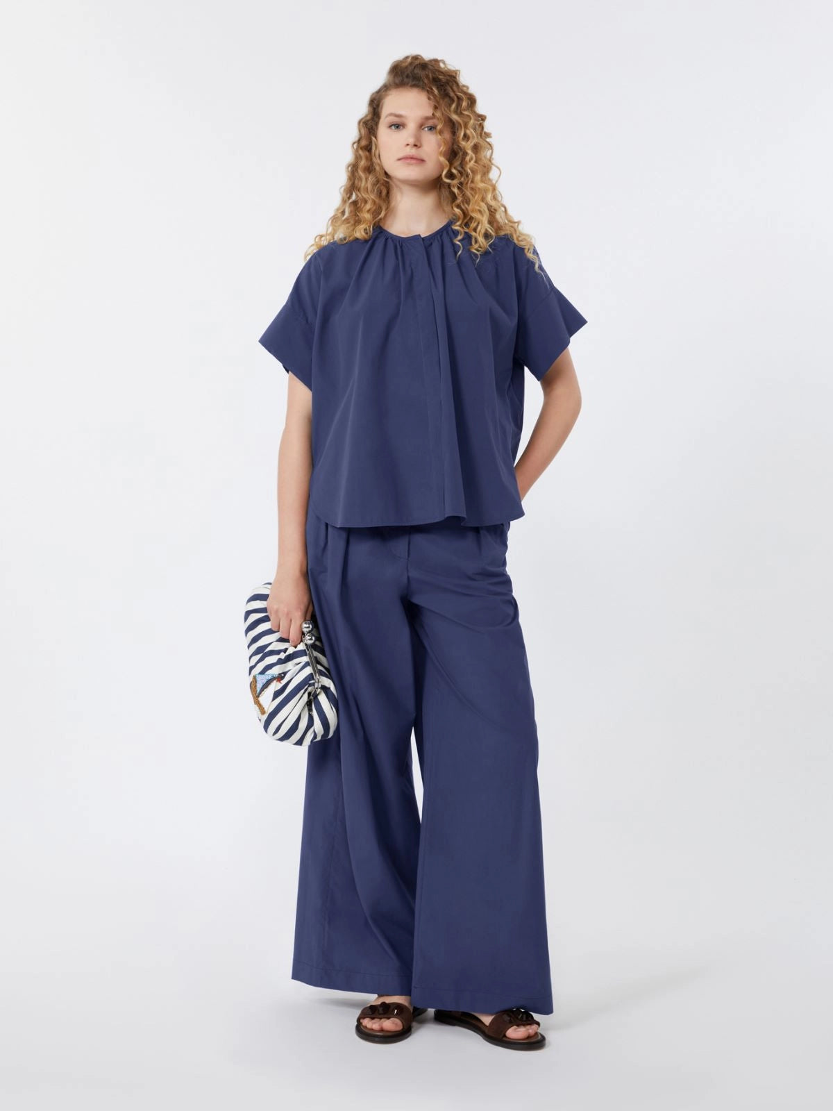 Max Mara Weekend Navy Wide-Leg Cotton Poplin Trousers