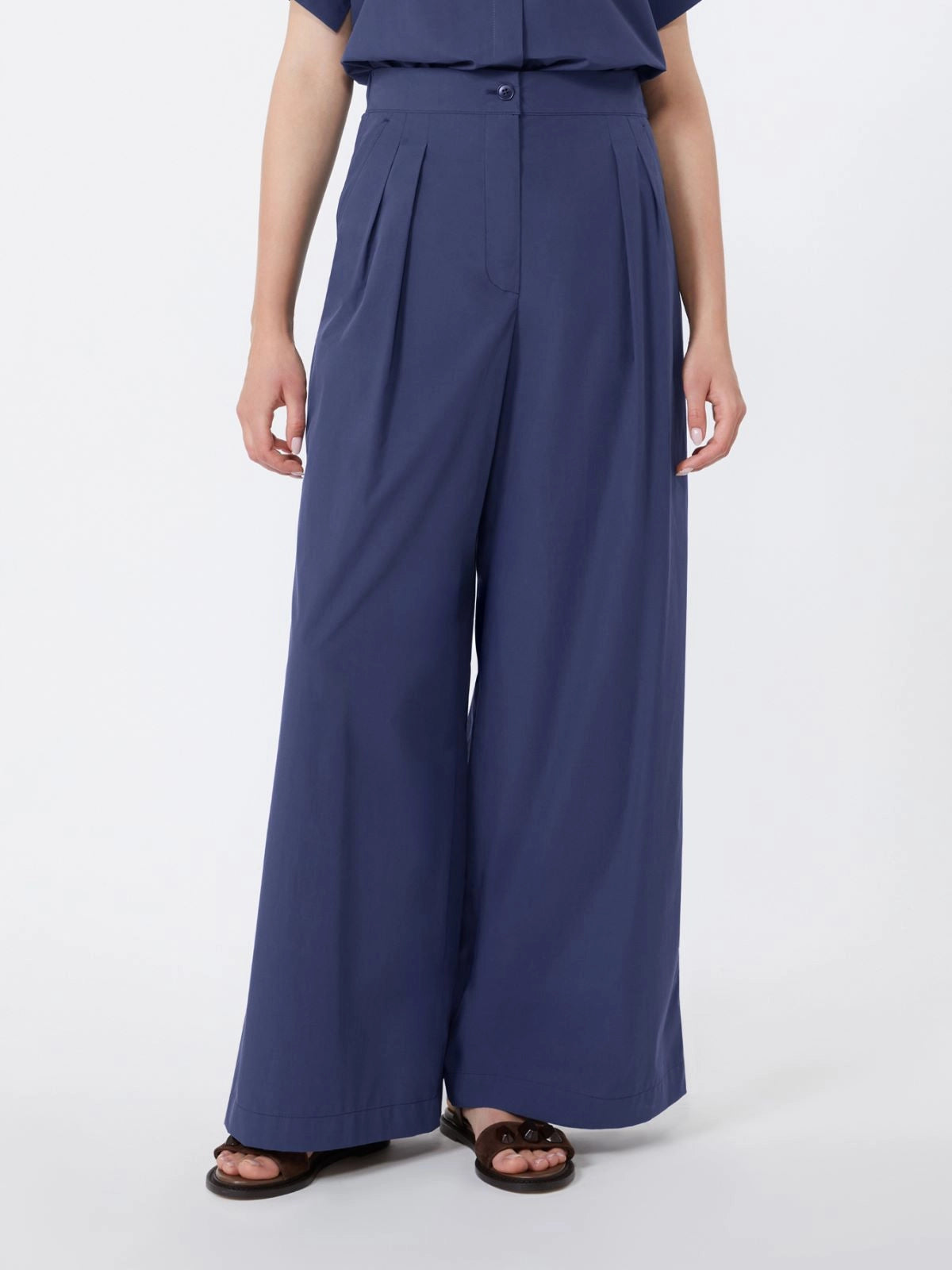 Max Mara Weekend Navy Wide-Leg Cotton Poplin Trousers