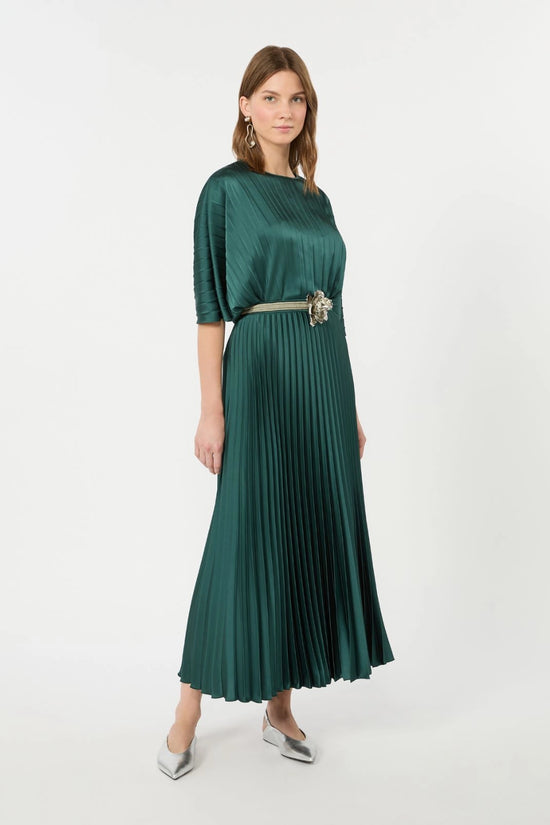 Max Mara Weekend Dark Green Loose Top in Pleated Satin