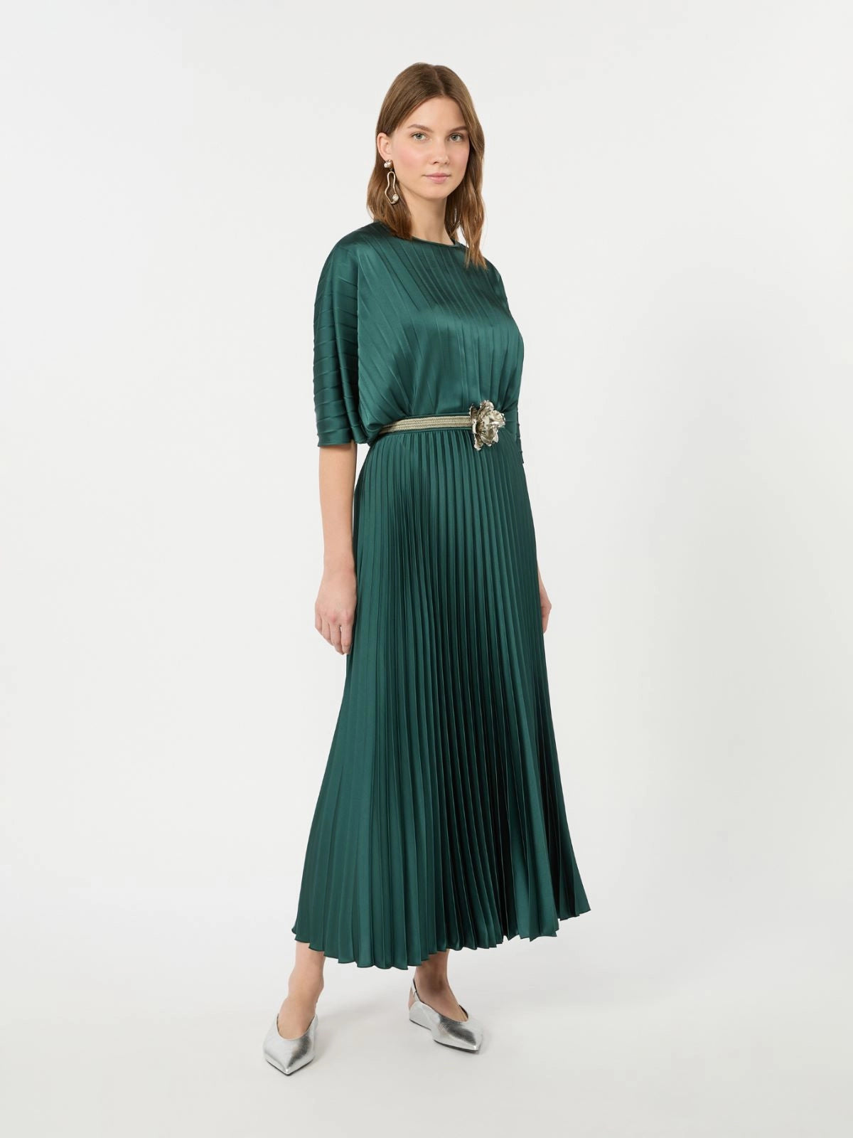 Max Mara Weekend Dark Green Loose Top in Pleated Satin
