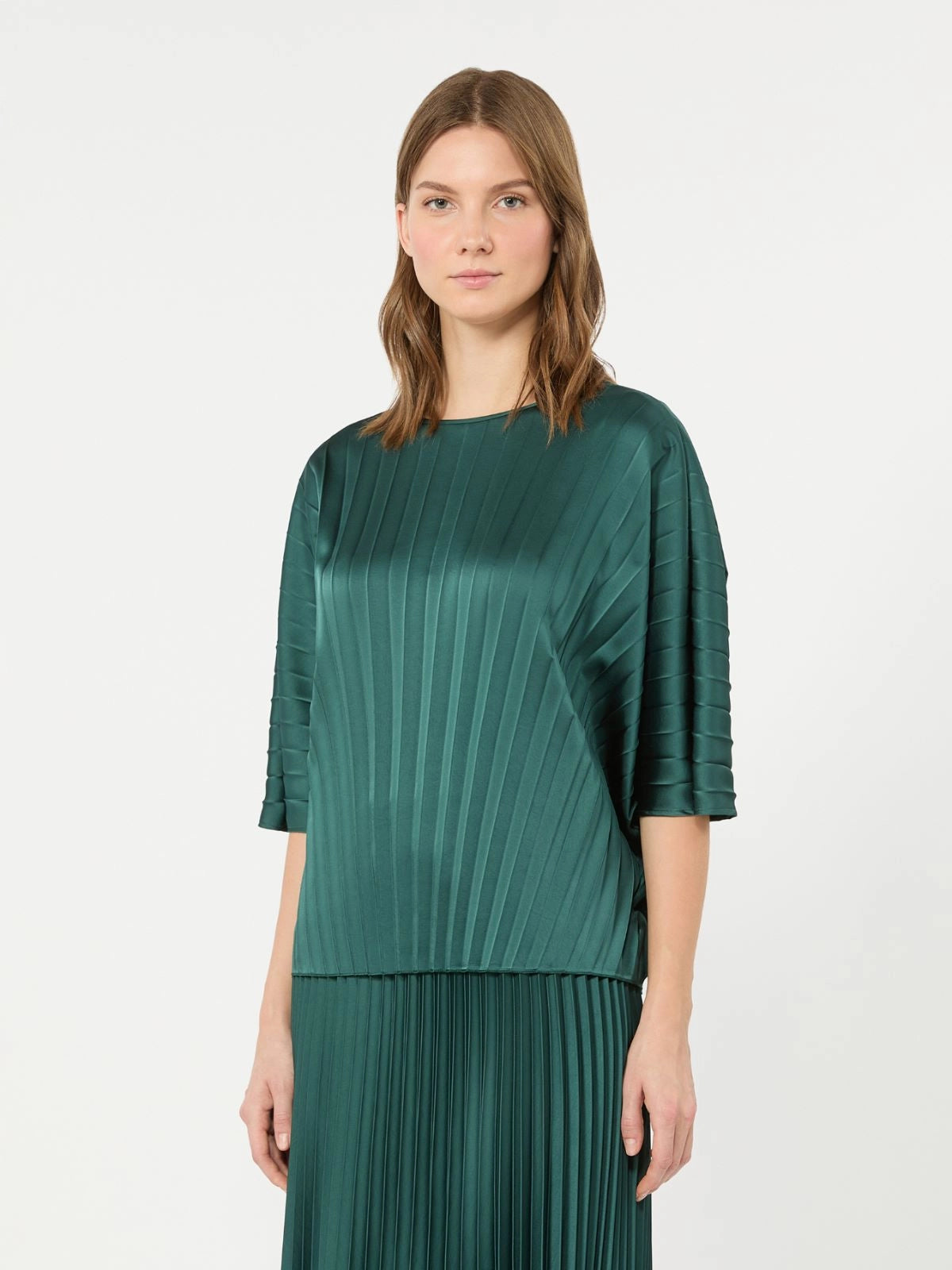 Max Mara Weekend Dark Green Loose Top in Pleated Satin