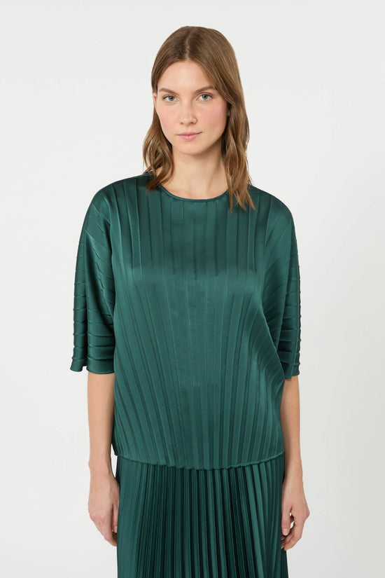 Max Mara Weekend Dark Green Loose Top in Pleated Satin